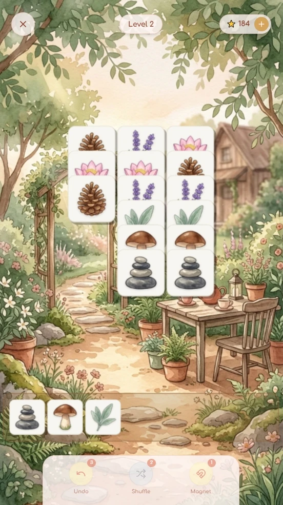 Triple Match Relaxed 3D layered botanical board and 7-slot holding tray interface
