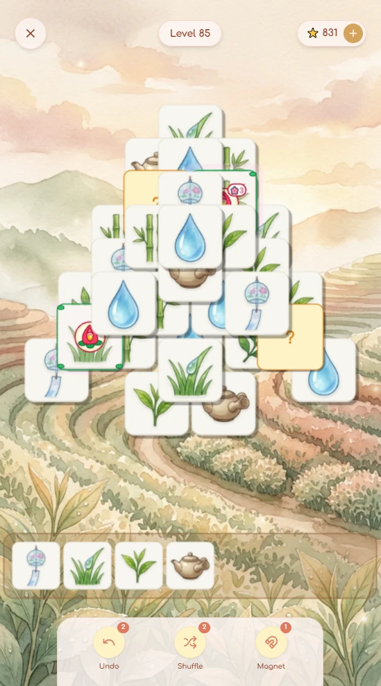 Triple Match Relaxed Level 85 multi-layer pyramid board featuring Blooming Flower and Mystery Card blockers